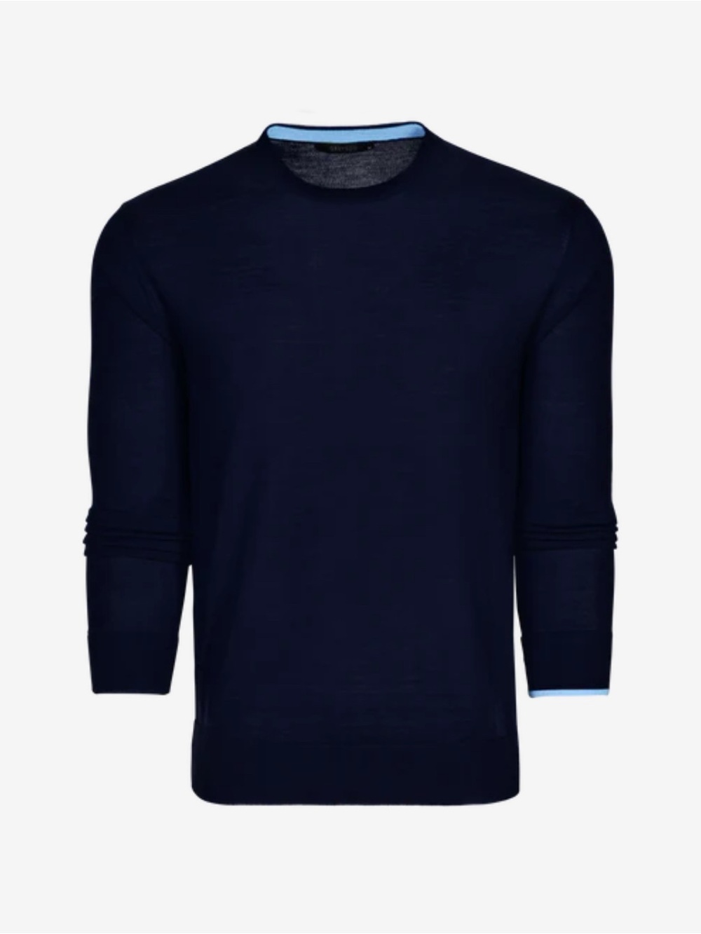 Greyson Men’s Navy Wool Crewneck Sweater with Light Blue Trim